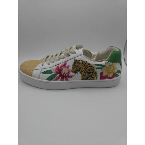 JOHNNY WAS Maisie White Leather Tropical Tiger Embroidered Sneakers ~ Womens 7.5 - Picture 4 of 13